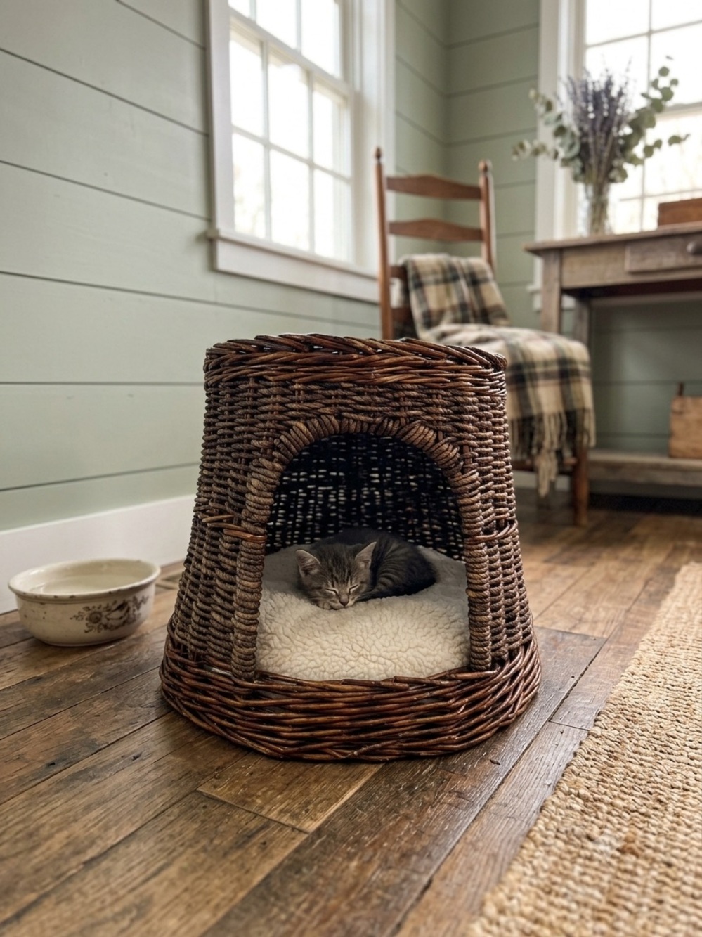 Vintage Boho Wicker Pet Bed Cave House Basket Inside Cushion Not Included